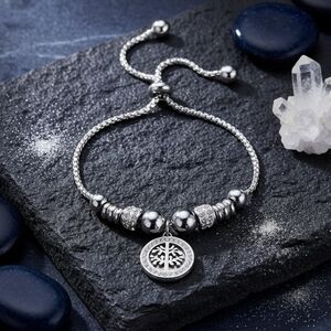 18K White Gold Plated Tree Of Life Cubic Zirconia Talisman Bolo Slider Bracelet